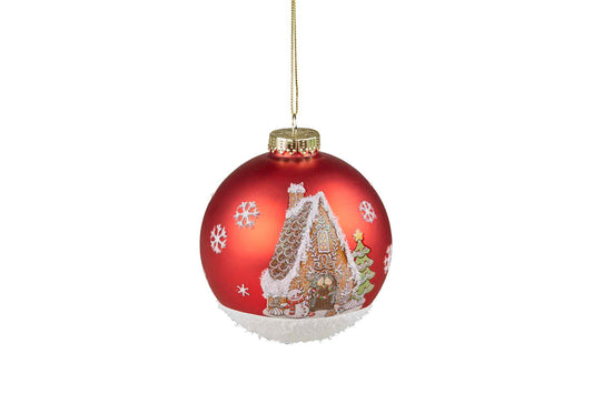 10cm Red Glass Bauble with Gingerbread House 39901