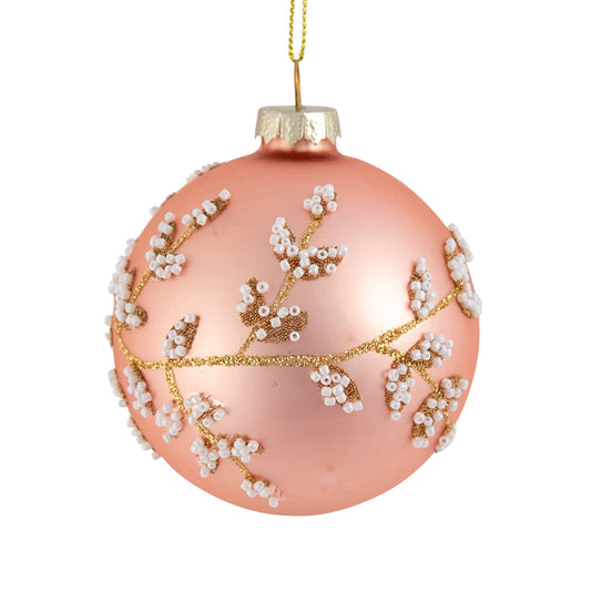 Glass Bauble Pink Diamonte Leaf 39764